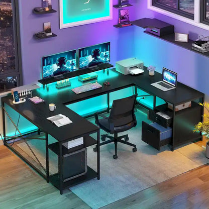 Moasis U-Shaped L-Shaped LED Computer Desk Reversible Corner Home Office Gaming Desk with Power Outlets