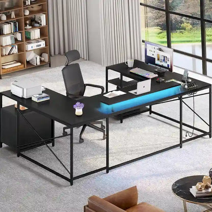 Moasis U-Shaped L-Shaped LED Computer Desk Reversible Corner Home Office Gaming Desk with Power Outlets