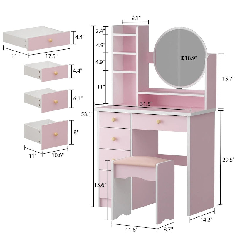 31.5  Wide Makeup Vanity Set with Stool and Mirror Dress Up Desk - 31.5 W
