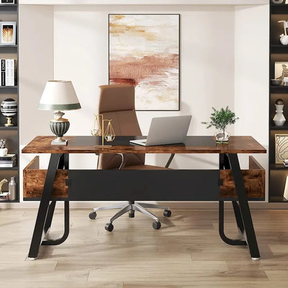 63" Computer Desk with Storage Shelf - Brown & Black