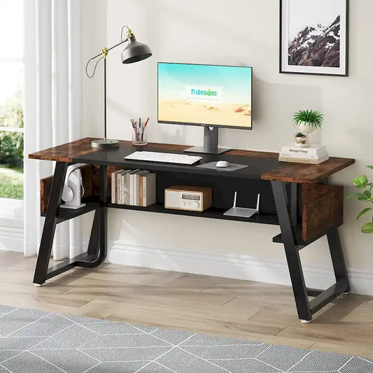 63" Computer Desk with Storage Shelf - Brown & Black
