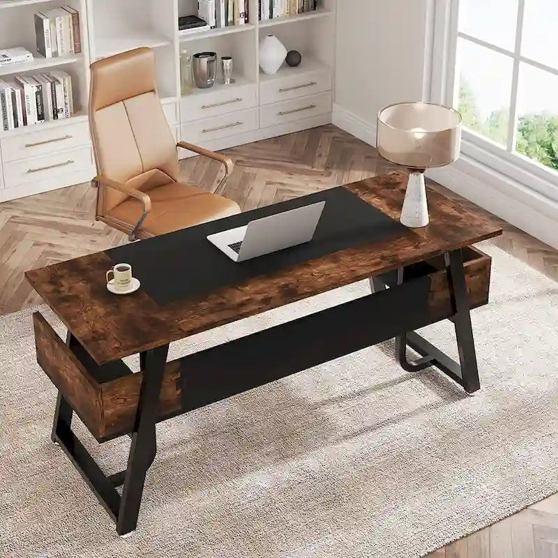 63" Computer Desk with Storage Shelf - Brown & Black