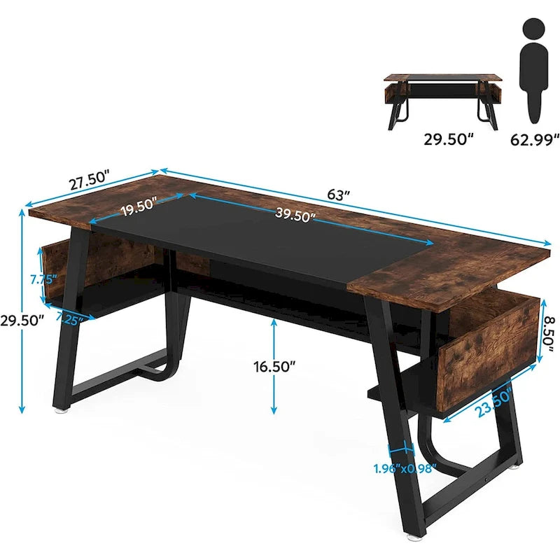 63" Computer Desk with Storage Shelf - Brown & Black
