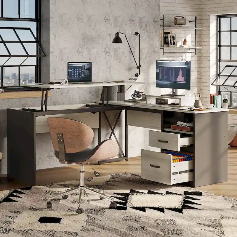 55.7  Uplift L Shaped Computer Desk with Drawers & Monitor Stand