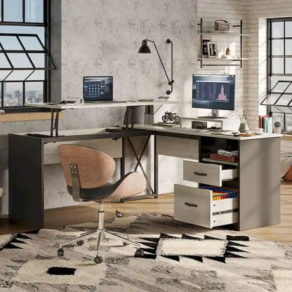 55.7  Uplift L Shaped Computer Desk with Drawers & Monitor Stand