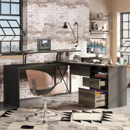 55.7  Uplift L Shaped Computer Desk with Drawers & Monitor Stand