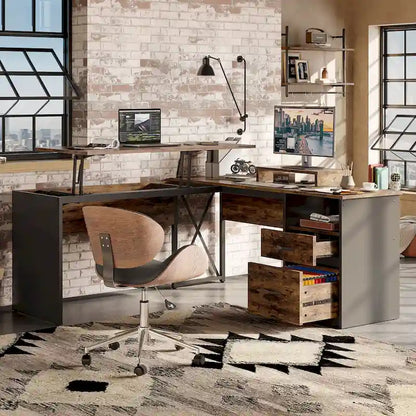55.7  Uplift L Shaped Computer Desk with Drawers & Monitor Stand