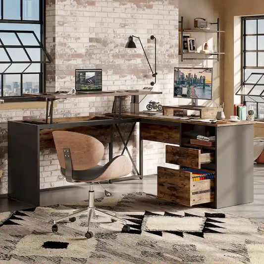 55.7  Uplift L Shaped Computer Desk with Drawers & Monitor Stand