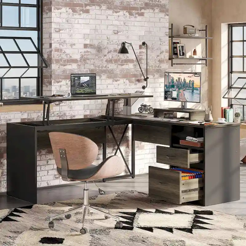 55.7  Uplift L Shaped Computer Desk with Drawers & Monitor Stand