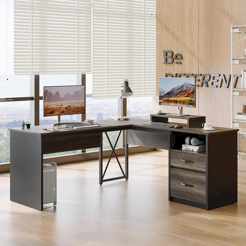 55.7  Uplift L Shaped Computer Desk with Drawers & Monitor Stand