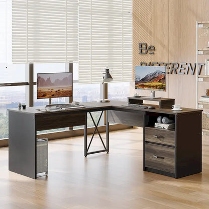 55.7  Uplift L Shaped Computer Desk with Drawers & Monitor Stand