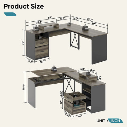 55.7  Uplift L Shaped Computer Desk with Drawers & Monitor Stand