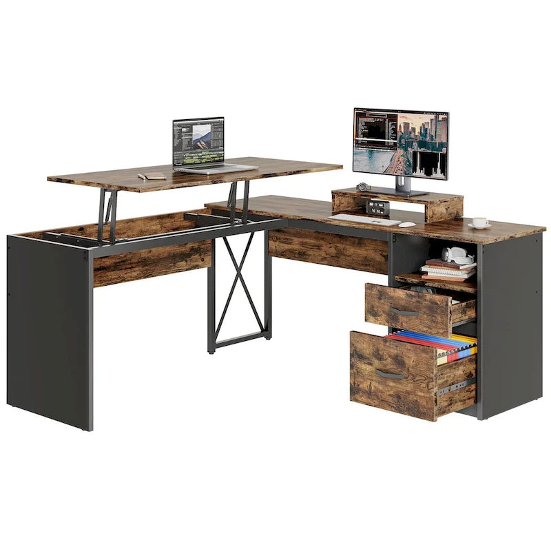 55.7  Uplift L Shaped Computer Desk with Drawers & Monitor Stand