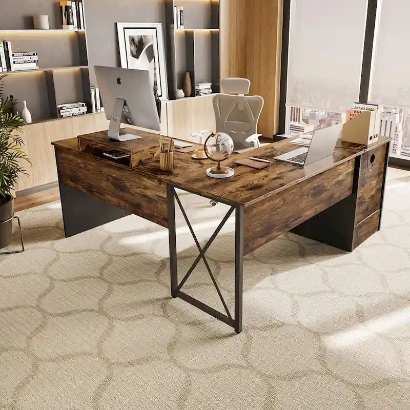 55.7  Uplift L Shaped Computer Desk with Drawers & Monitor Stand