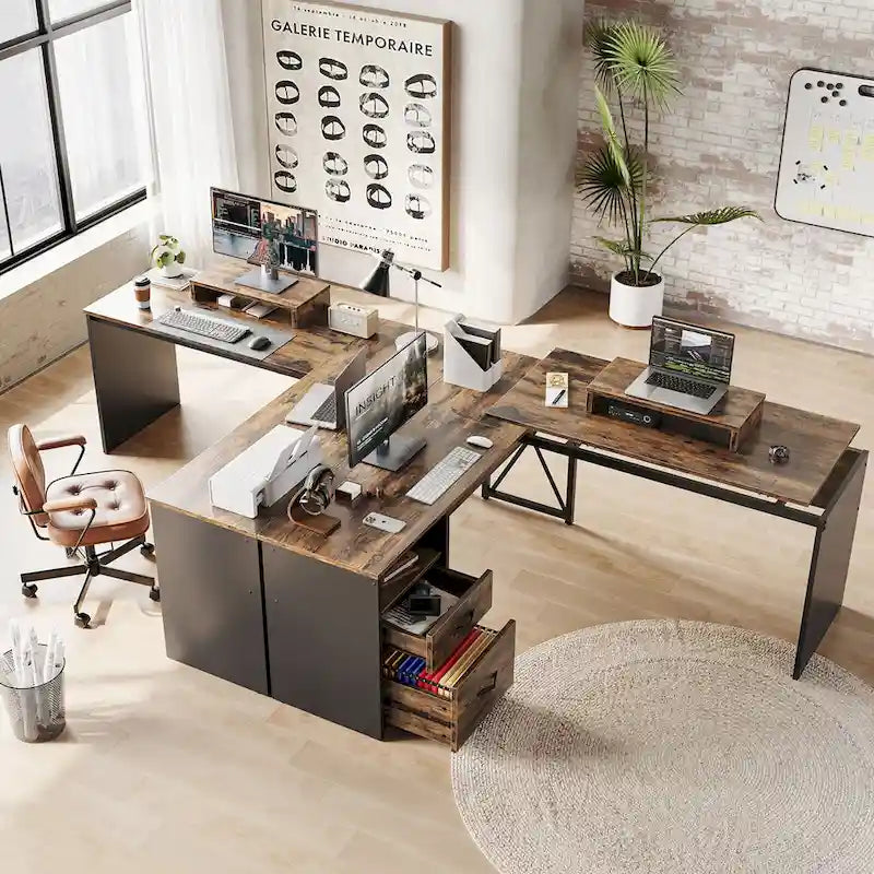 55.7  Uplift L Shaped Computer Desk with Drawers & Monitor Stand