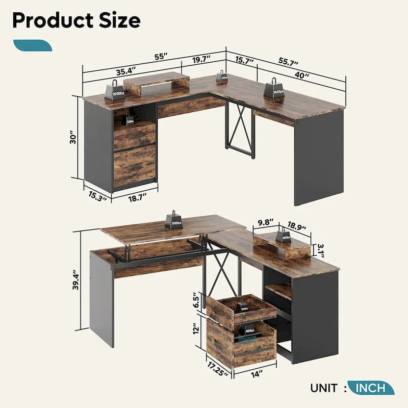 55.7  Uplift L Shaped Computer Desk with Drawers & Monitor Stand