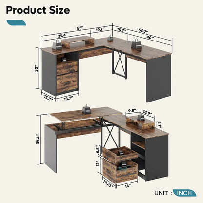 55.7  Uplift L Shaped Computer Desk with Drawers & Monitor Stand