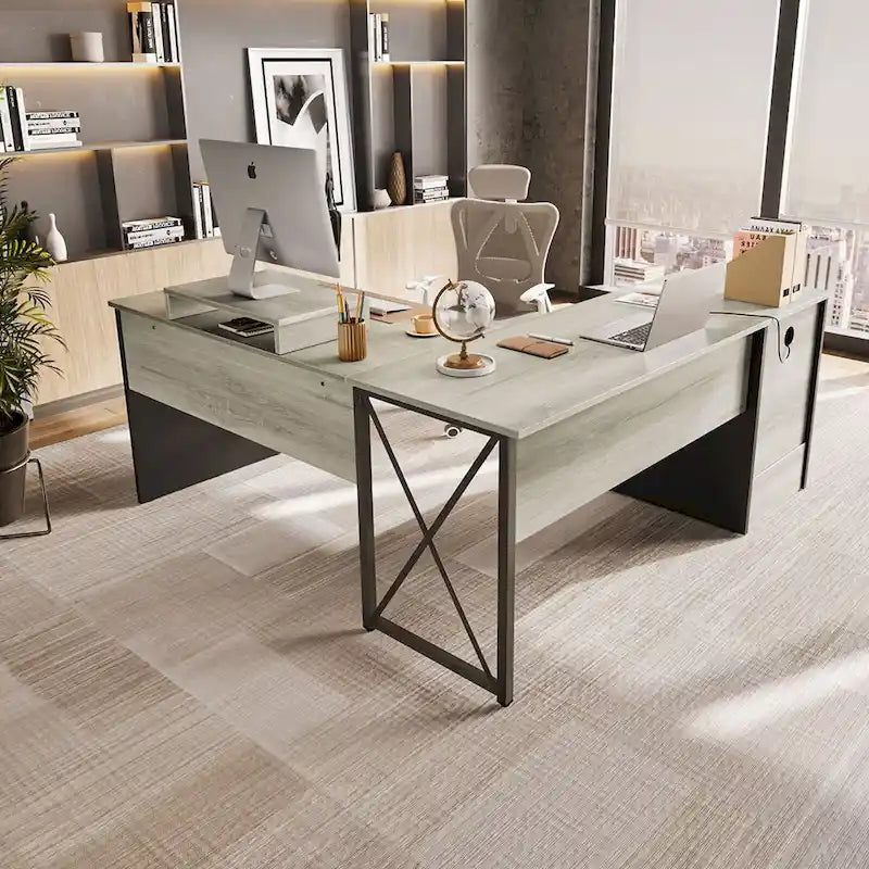55.7  Uplift L Shaped Computer Desk with Drawers & Monitor Stand