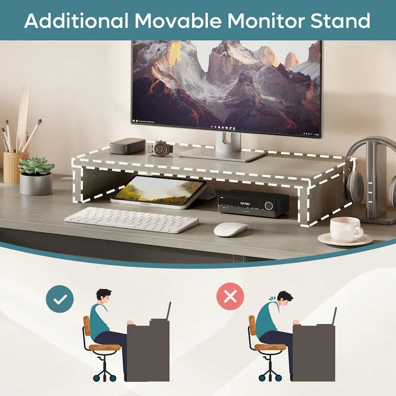 55.7  Uplift L Shaped Computer Desk with Drawers & Monitor Stand