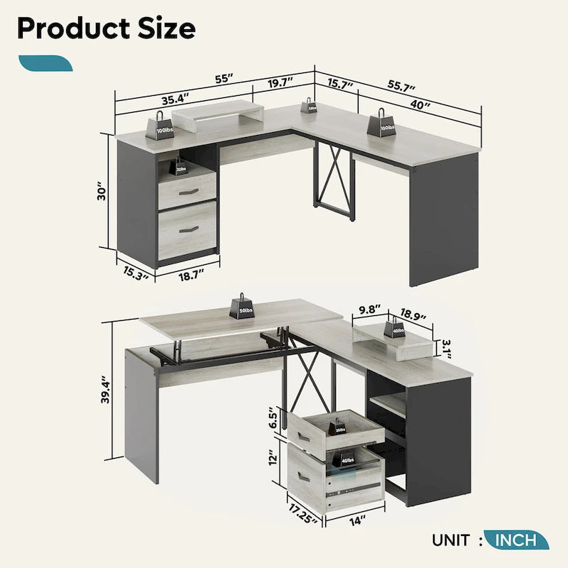 55.7  Uplift L Shaped Computer Desk with Drawers & Monitor Stand