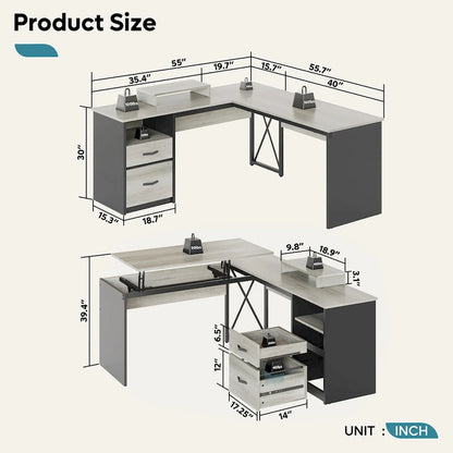 55.7  Uplift L Shaped Computer Desk with Drawers & Monitor Stand