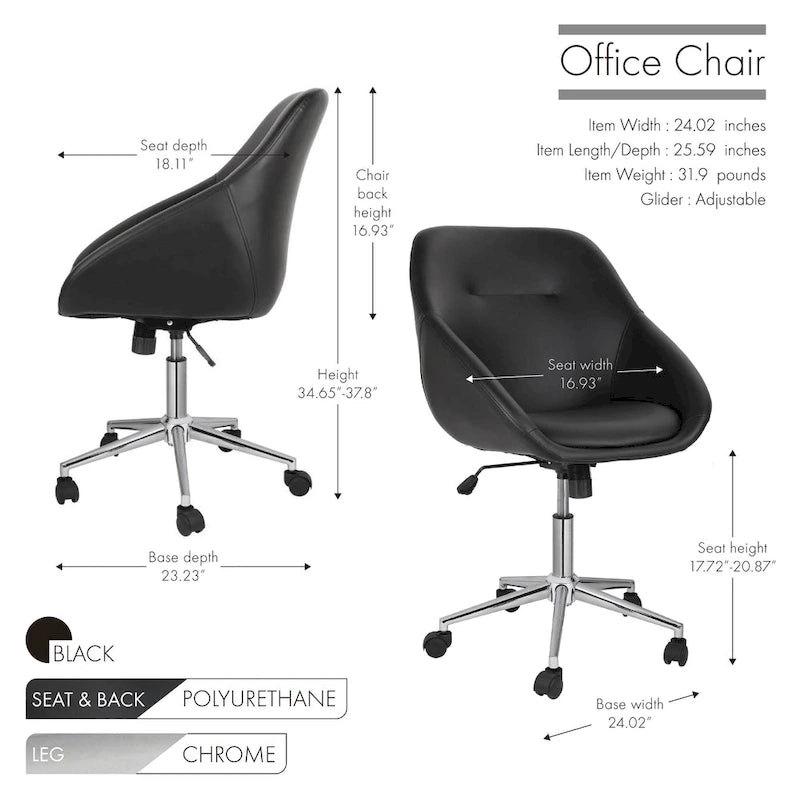 Porthos Home Hayes Swivel Office Chair, Chrome Base, PU Leather