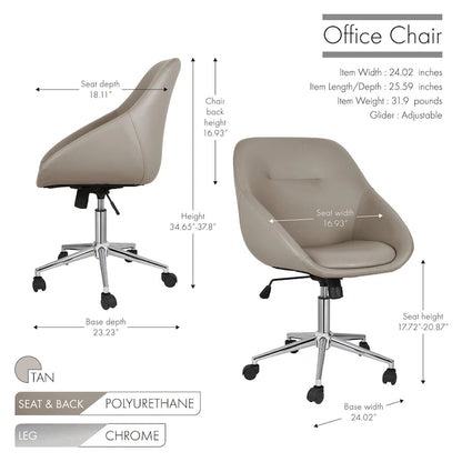 Porthos Home Hayes Swivel Office Chair, Chrome Base, PU Leather