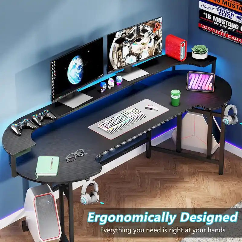 Gaming Desk with Monitor Shelf, 75 inch PC Computer Desk with LED Strip