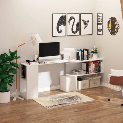HOMCOM 55  Rotating Corner Computer Desk: L-Shaped Workstation, Storage Shelves
