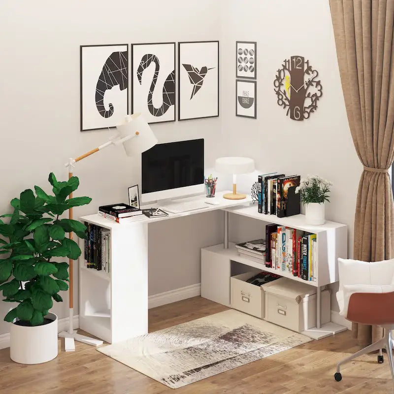 HOMCOM 55  Rotating Corner Computer Desk: L-Shaped Workstation, Storage Shelves
