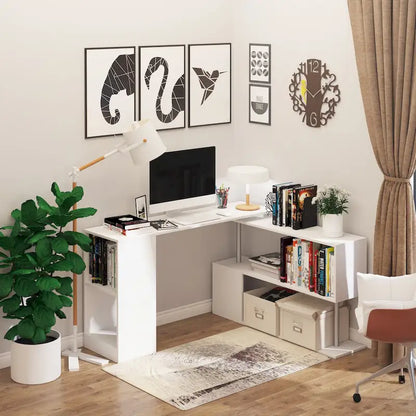 HOMCOM 55  Rotating Corner Computer Desk: L-Shaped Workstation, Storage Shelves