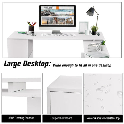 HOMCOM 55  Rotating Corner Computer Desk: L-Shaped Workstation, Storage Shelves