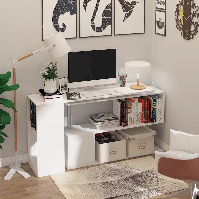 HOMCOM 55  Rotating Corner Computer Desk: L-Shaped Workstation, Storage Shelves