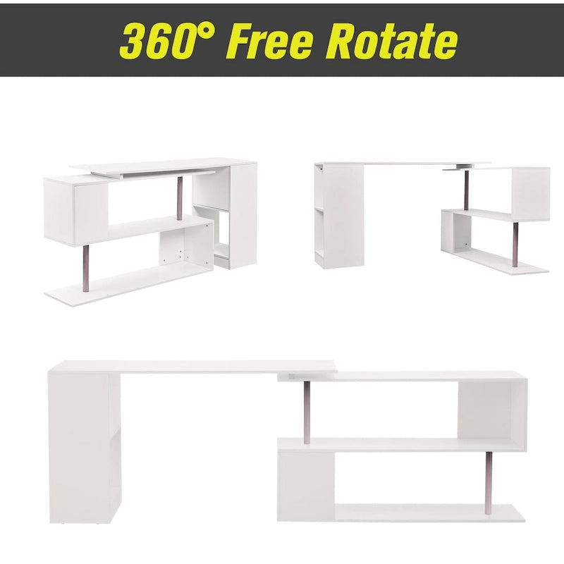 HOMCOM 55  Rotating Corner Computer Desk: L-Shaped Workstation, Storage Shelves