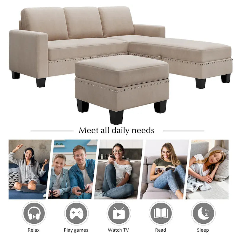 [New] [VIDEO provided] 81.1*76.3*35 Reversible Sectional Couch with Storage Ottoman L-Shaped Sofa,Sectional Sofa with Chaise,Na