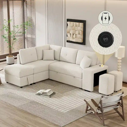 87.7  Convertible Sleeper, Sectional Pull Out Sofa Bed with Storage Ottoman, 2 Throw Pillows, 2 Stools, Wireless Charger and Two