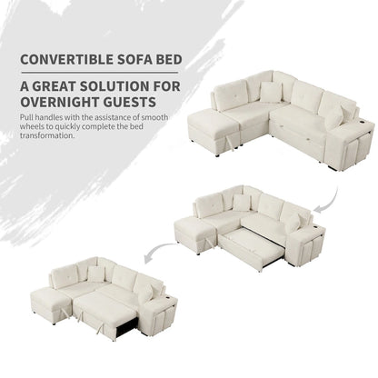 87.7  Convertible Sleeper, Sectional Pull Out Sofa Bed with Storage Ottoman, 2 Throw Pillows, 2 Stools, Wireless Charger and Two
