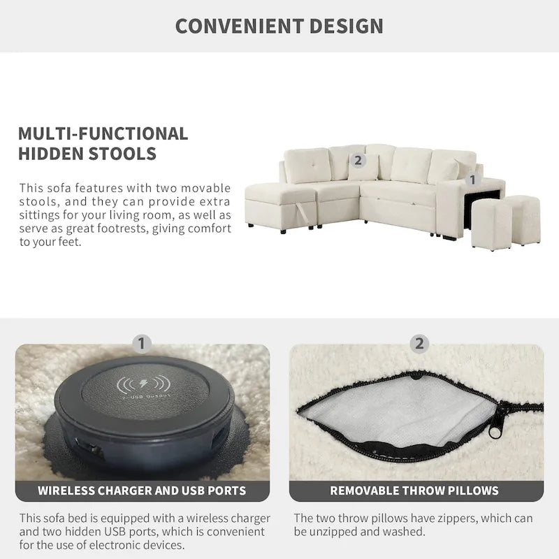87.7  Convertible Sleeper, Sectional Pull Out Sofa Bed with Storage Ottoman, 2 Throw Pillows, 2 Stools, Wireless Charger and Two