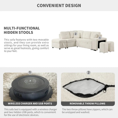 87.7  Convertible Sleeper, Sectional Pull Out Sofa Bed with Storage Ottoman, 2 Throw Pillows, 2 Stools, Wireless Charger and Two