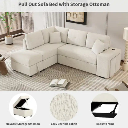 87.7  Convertible Sleeper, Sectional Pull Out Sofa Bed with Storage Ottoman, 2 Throw Pillows, 2 Stools, Wireless Charger and Two