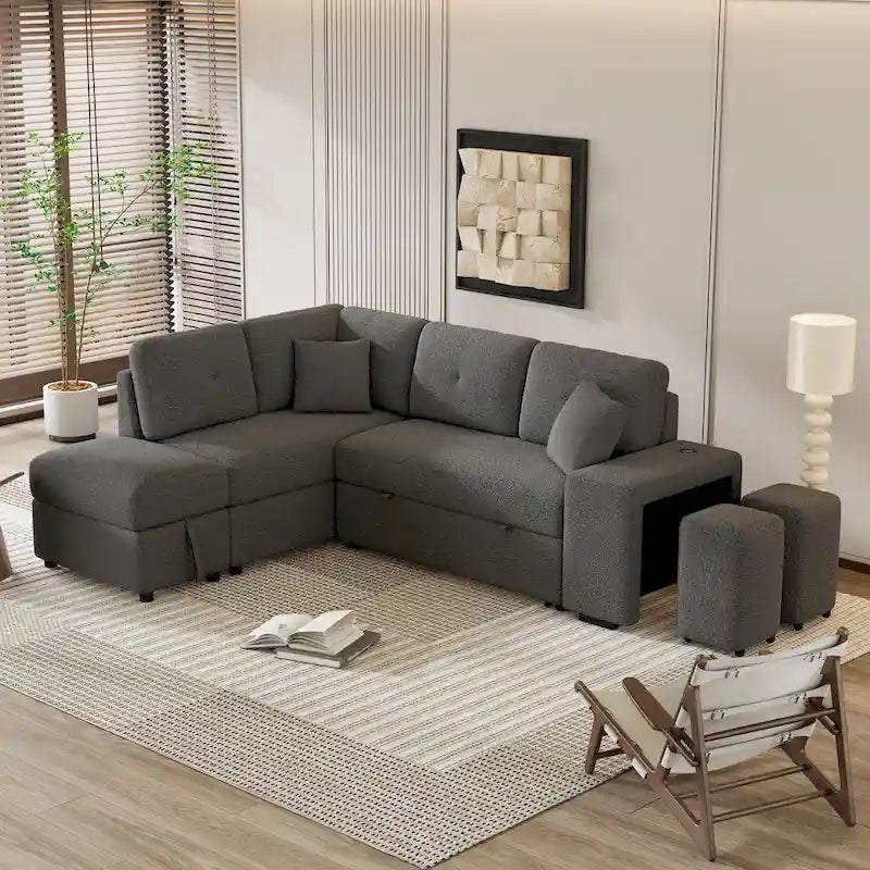 87.7  Convertible Sleeper, Sectional Pull Out Sofa Bed with Storage Ottoman, 2 Throw Pillows, 2 Stools, Wireless Charger and Two