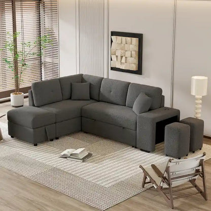 87.7  Convertible Sleeper, Sectional Pull Out Sofa Bed with Storage Ottoman, 2 Throw Pillows, 2 Stools, Wireless Charger and Two