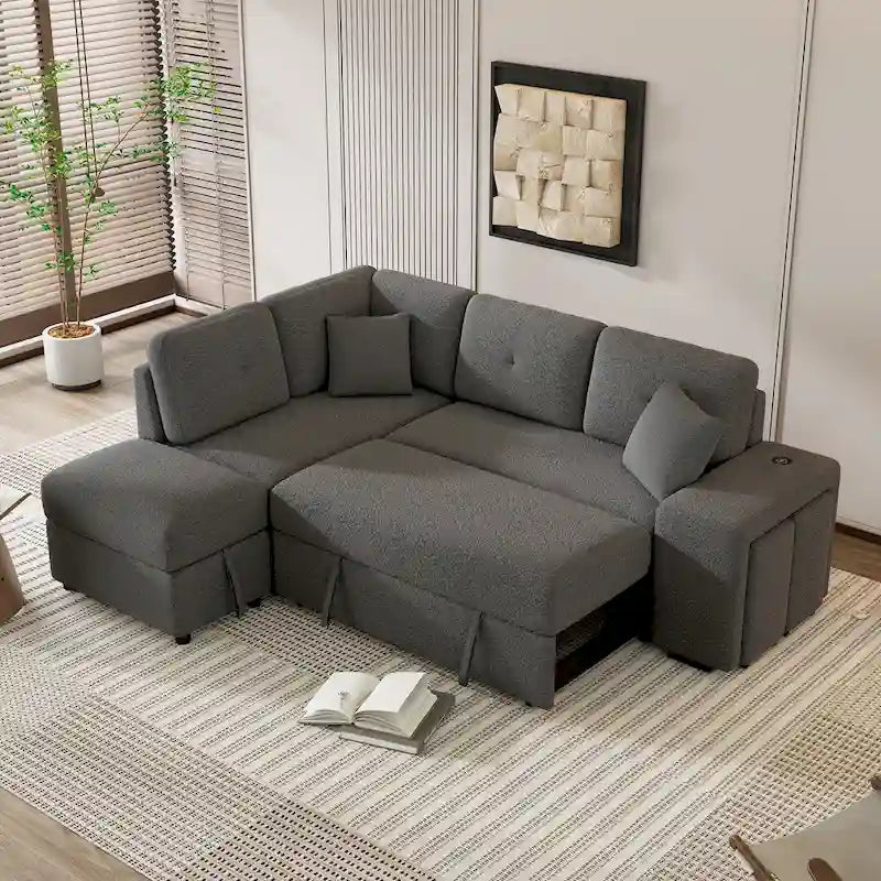 87.7  Convertible Sleeper, Sectional Pull Out Sofa Bed with Storage Ottoman, 2 Throw Pillows, 2 Stools, Wireless Charger and Two