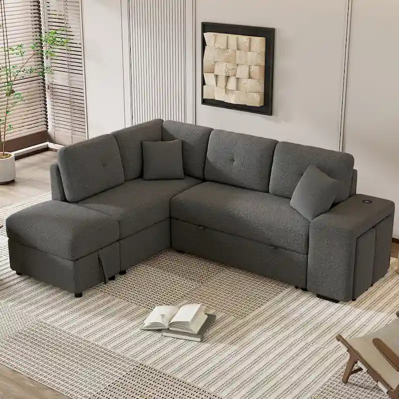 87.7  Convertible Sleeper, Sectional Pull Out Sofa Bed with Storage Ottoman, 2 Throw Pillows, 2 Stools, Wireless Charger and Two