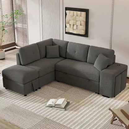 87.7  Convertible Sleeper, Sectional Pull Out Sofa Bed with Storage Ottoman, 2 Throw Pillows, 2 Stools, Wireless Charger and Two