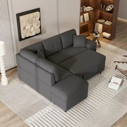 87.7  Convertible Sleeper, Sectional Pull Out Sofa Bed with Storage Ottoman, 2 Throw Pillows, 2 Stools, Wireless Charger and Two