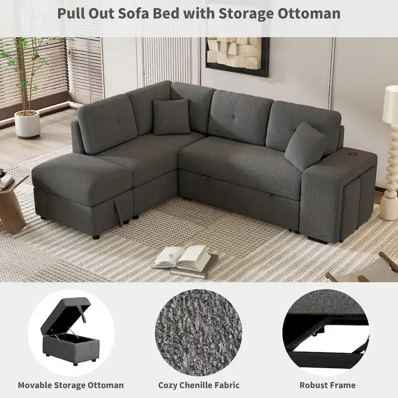 87.7  Convertible Sleeper, Sectional Pull Out Sofa Bed with Storage Ottoman, 2 Throw Pillows, 2 Stools, Wireless Charger and Two