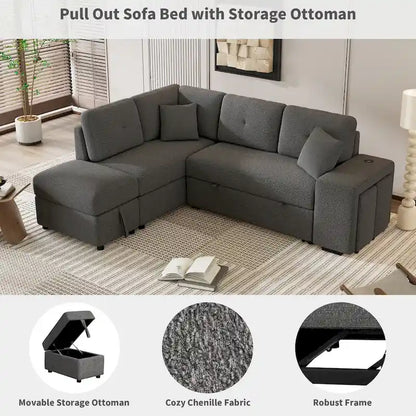 87.7  Convertible Sleeper, Sectional Pull Out Sofa Bed with Storage Ottoman, 2 Throw Pillows, 2 Stools, Wireless Charger and Two
