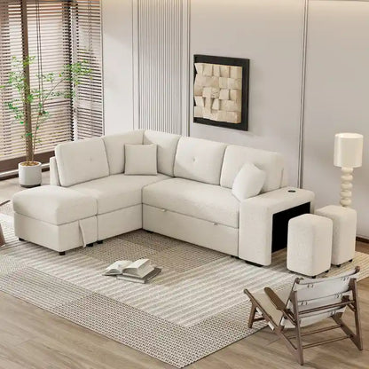 87.7  Convertible Sleeper, Sectional Pull Out Sofa Bed with Storage Ottoman, 2 Throw Pillows, 2 Stools, Wireless Charger and Two