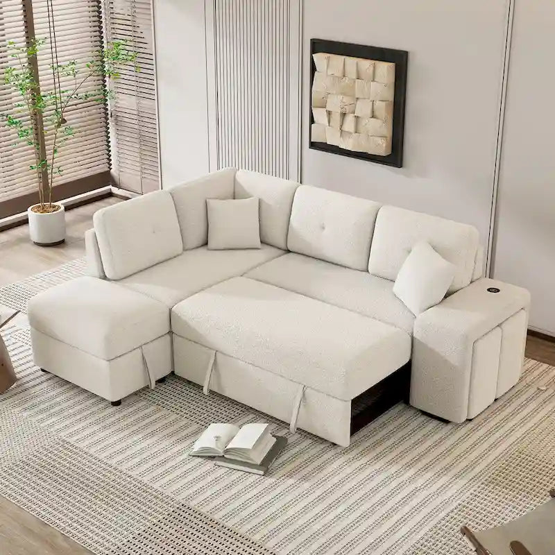87.7  Convertible Sleeper, Sectional Pull Out Sofa Bed with Storage Ottoman, 2 Throw Pillows, 2 Stools, Wireless Charger and Two